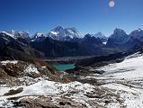 Renjo La 4-1 Gokyo, Everest, Nuptse, Lhotse, Makalu, Cholatse, Taweche From Renjo La (5345m) there is an excellent view to the east including Gokyo Ri on the far left, Gokyo and the Nguzumpa Glacier, Everest, Lhotse, Nuptse, Makalu, Cholatse and Taweche. To the left of Everest is Changtse and poking its head above the ridge is Pumori. The v-shape break in the ridge below Lhotse is the Cho La.